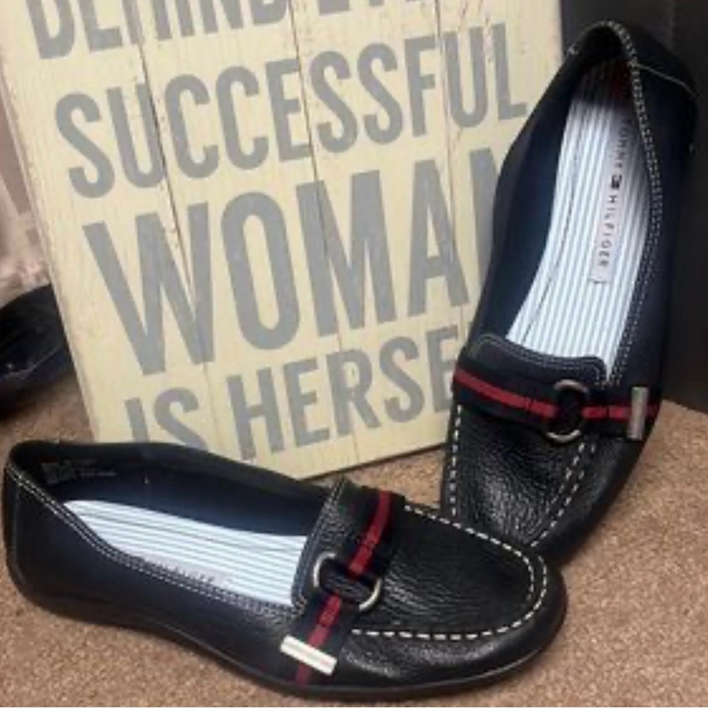 Tommy Hilfiger Women's Black Loafers with Red Stripes